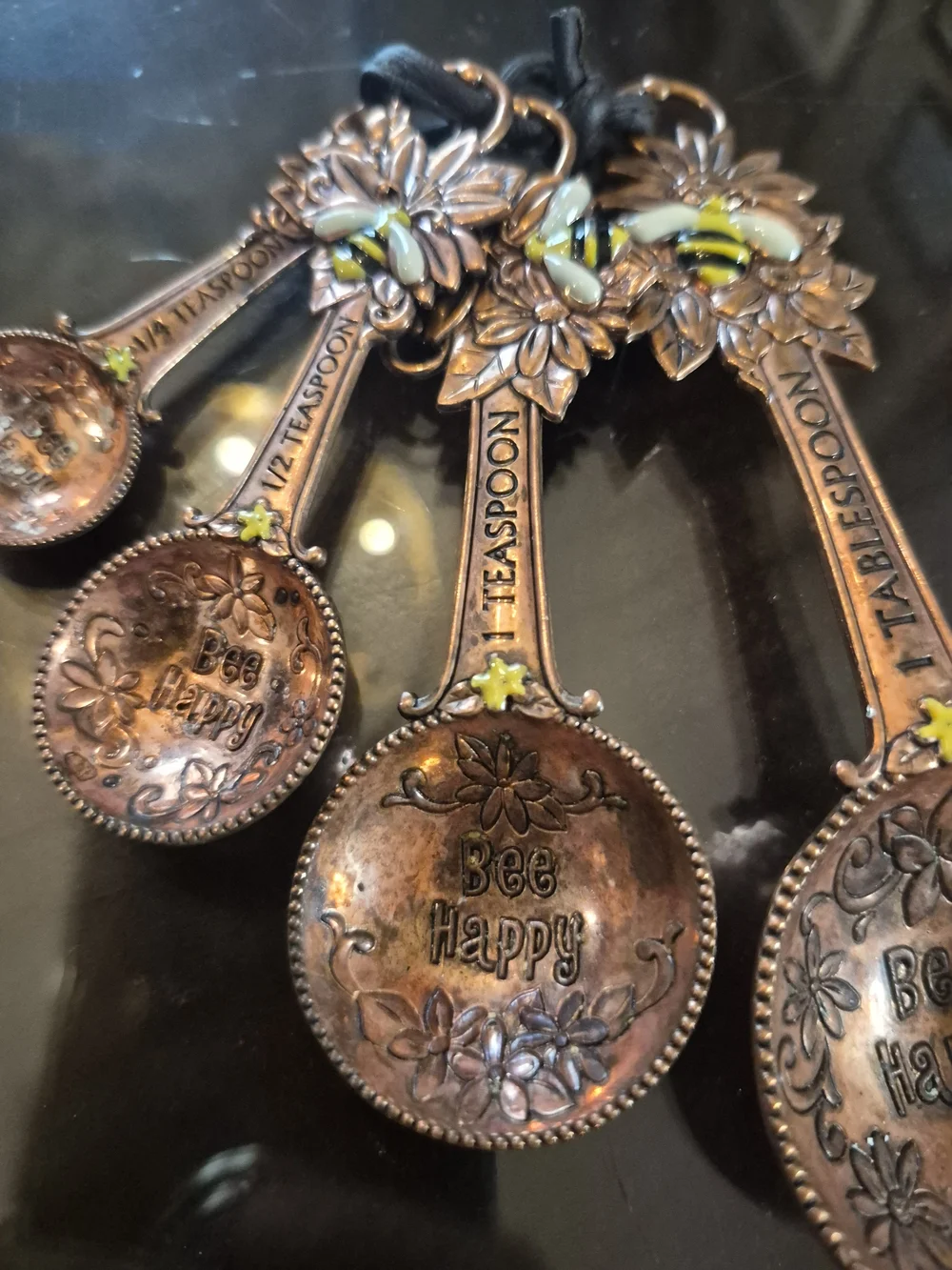 Bee Happy Floral Bee Measuring Spoon Set - Copper Tone
